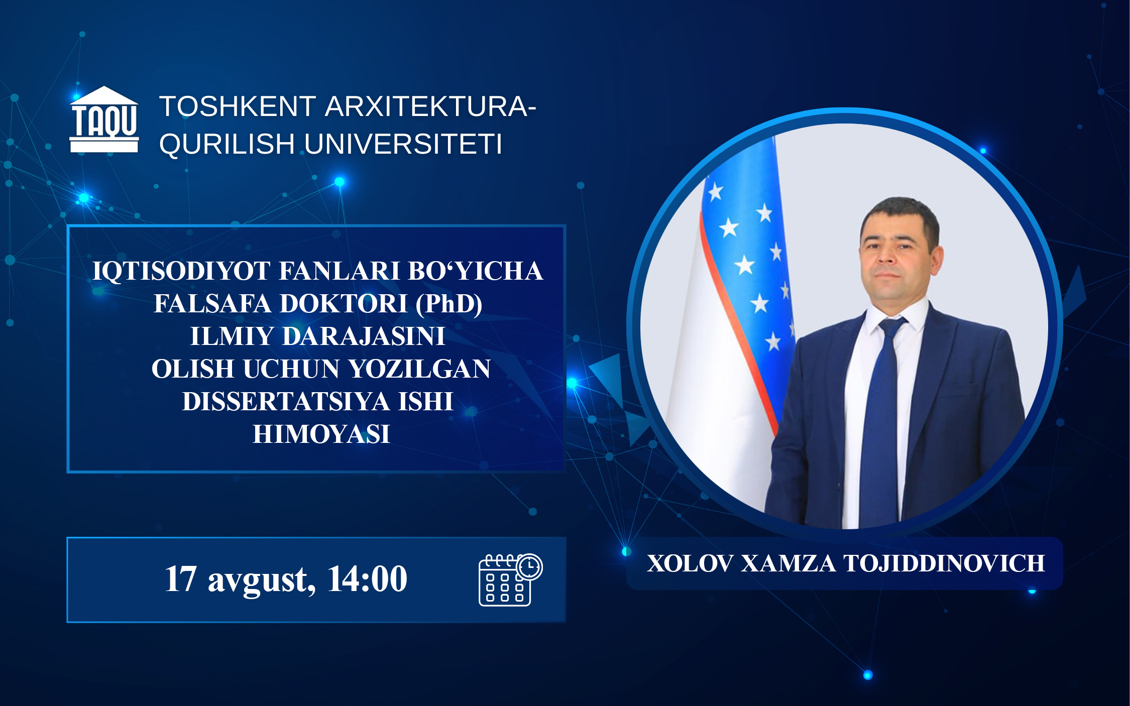 Xolov Xamza Tojiddinovichning iqtisodiyot fanlari falsafa doktori (PhD) dissertatsiya ishi himoyasi to‘g‘risida